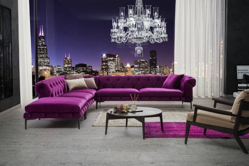 Luxury L sahped chesterfield sectional sofa Purple sofas with armchairs