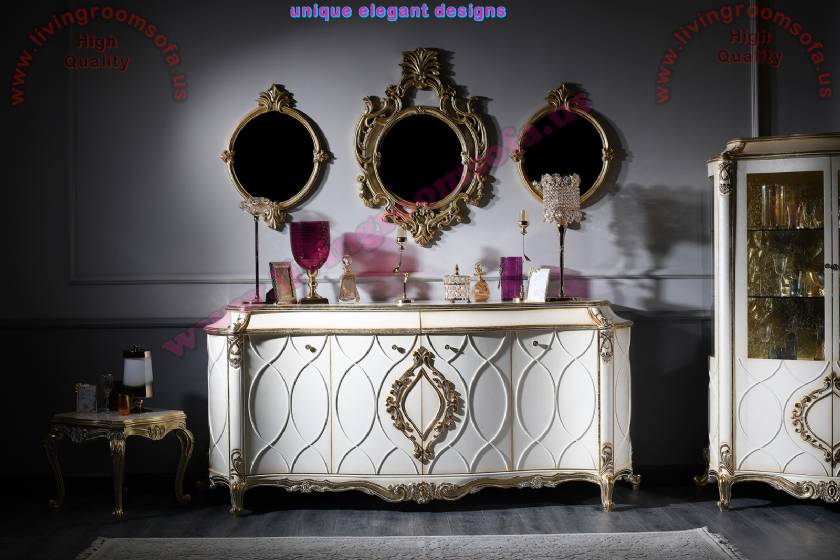 Luxury Living Room Console with 3 Wall Mirrors Royal Art Deco Design