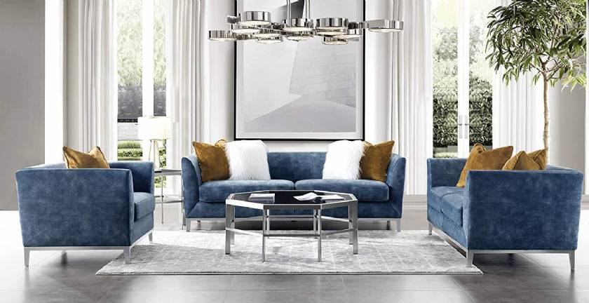 Luxury Modern Velvet Living Room Sofa Loveseat Navy Blue Wood Fabric Foam Metal