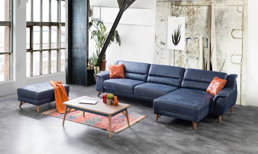 Modern Corner Sofa Blue with pouf and coffee table small size Modern Corner Sofa Blue with pouf and coffee table small size