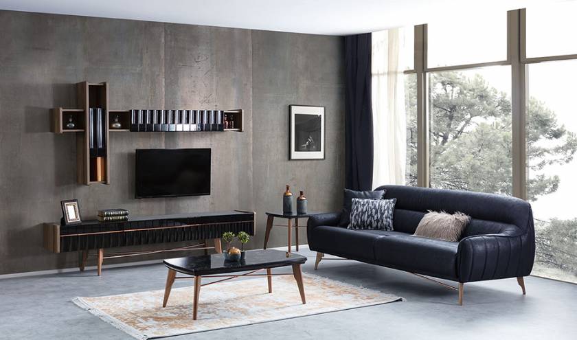 New designs modern TV unit black leather sofa and coffee table