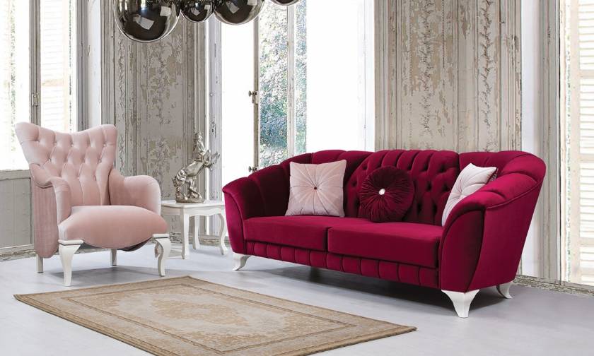 Philadelphia Luxury red velvet chesterfield sofa with armchair