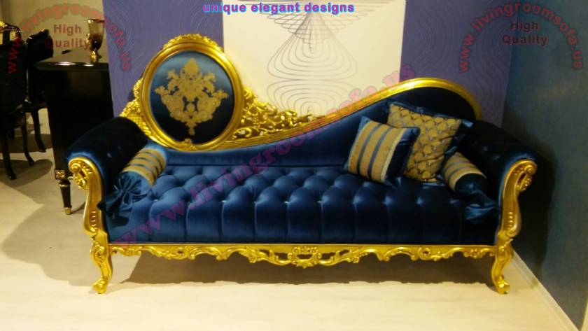 Princess Loveseat Gold Leaf Carved Wooden and Navy Velvet Quilted Stylish Perfect hand work