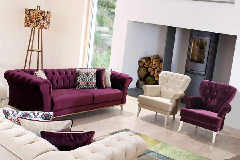 Purple velvet sofa set Purple and White velvet