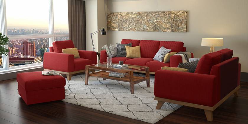 red modern living room sofa sets with coffee table and pouf