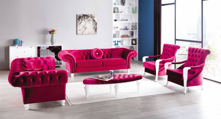Red velvet chesterfield sofa set Luxury living room