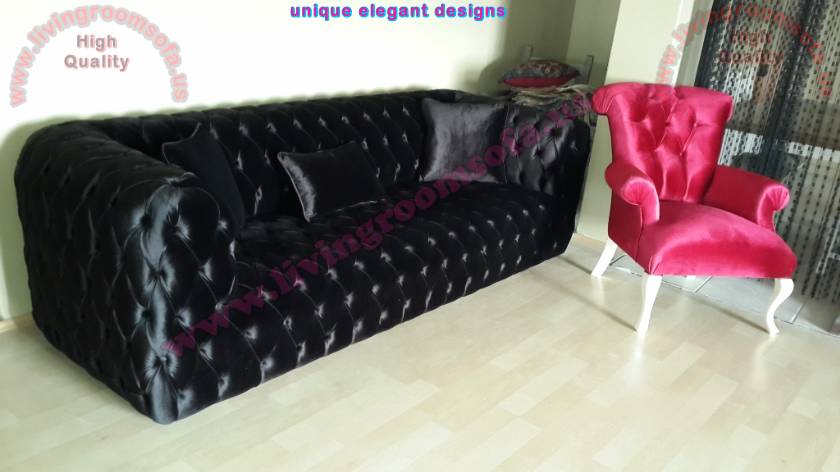 Red velvet unique chair and black quilted couch design Elegant Interior Design