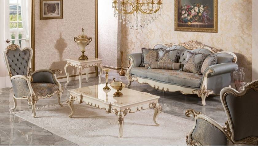 Sienna Victorian Luxury Living Room Sofa Embroidered in Butterscotch and Blue Sienna Victorian Luxury Living Room Sofa Embroidered in Butterscotch and Blue