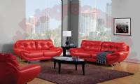 Apartment size living room design red leather sofas