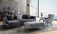 apartment size modern corner sofa with pouf and chair small spaces