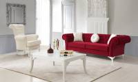 Glamour Luxury Red velvet chesterfield sofa with white velvet armchair