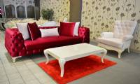 Newton red velvet chesterfield sofa and white velvet armchair