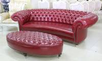 Red leather chesterfield sofa Glossy with Rounded pouf