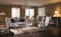 Royal Luxury Platinum Fabric Living Room Sofa Set Carved Wood Frame