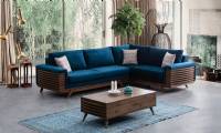 Wooden and blue modern corner sofa design with coffee table
