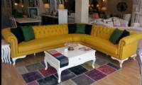 Yellow Leather Chesterfield Corner Sofa with coffee table