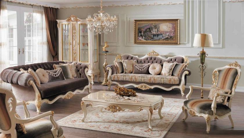 Traditional Luxury Living Room 4pc Sofa Set Carved Wood Trim Pillows Coffee table