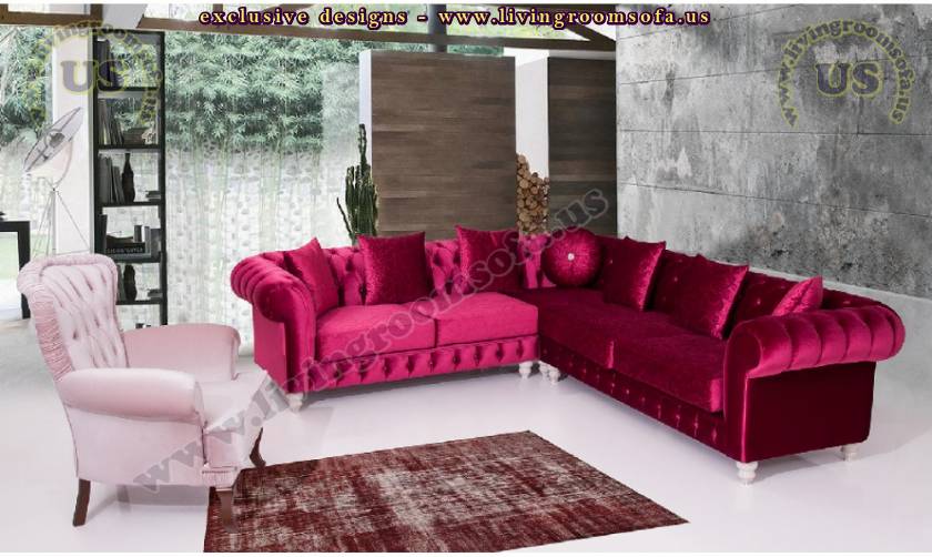 Velvet chesterfield sectional sofa set red white luxury elegant