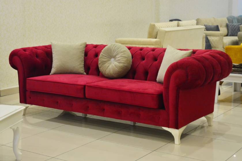 Vintage English Red velvet chesterfield sofa couch