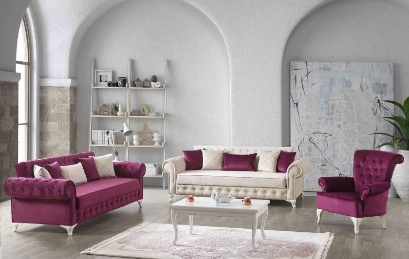 Violet Red and White Velvet Sofa Set Apartment Size Sofas