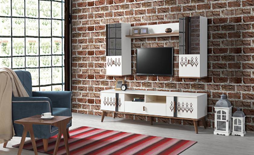 White modern TV Stand and Wall unit with blue chair