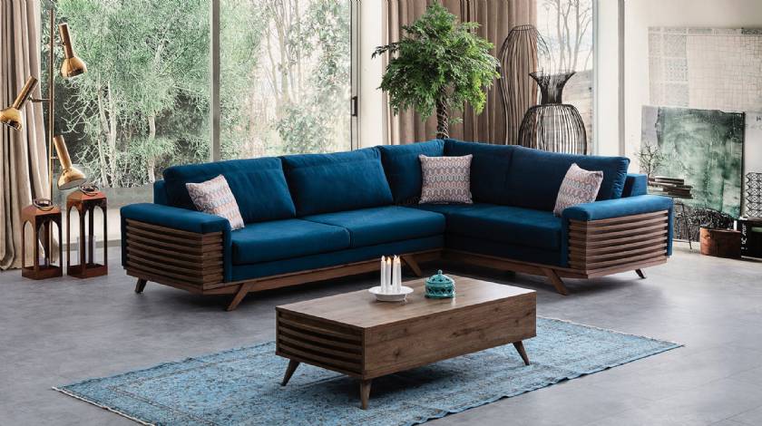 Wooden modern sectional sofa L shaped Italian designs blue fabrics