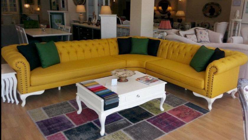 Yellow Leather Chesterfield Corner Sofa with coffee table