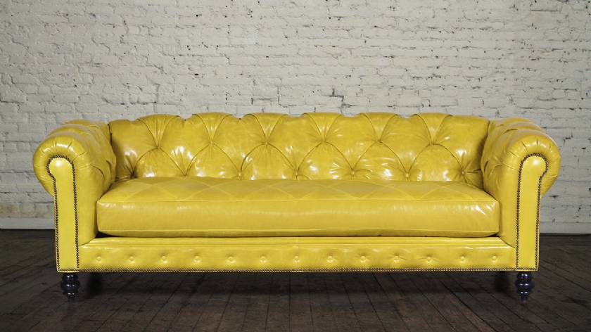 Yellow leather chesterfield sofa couch sliced quilted