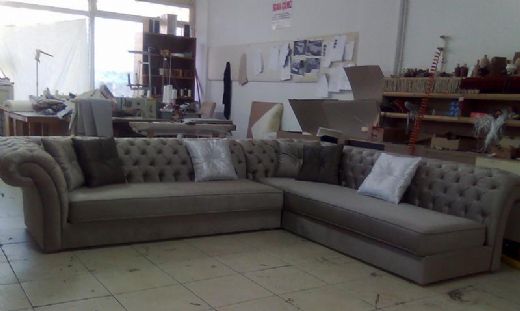 Chesterfield Corner Sofa, Fabric and Gray Perfectly