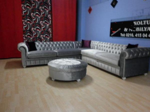 Bright Grey Velvet Chesterfield corner Sofa L Shaped Exclusive Sofas