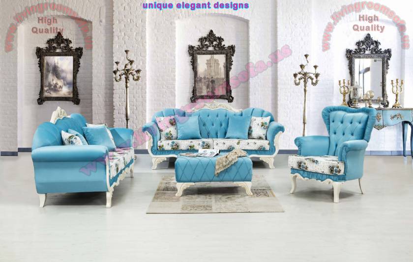 Blue Design Luxury Classic Living Room with Ottoman pouf