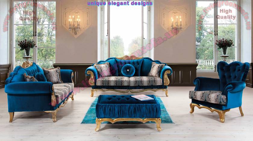 Traditional Luxury Living Room Sofa Design Velvet and Gold Leaf