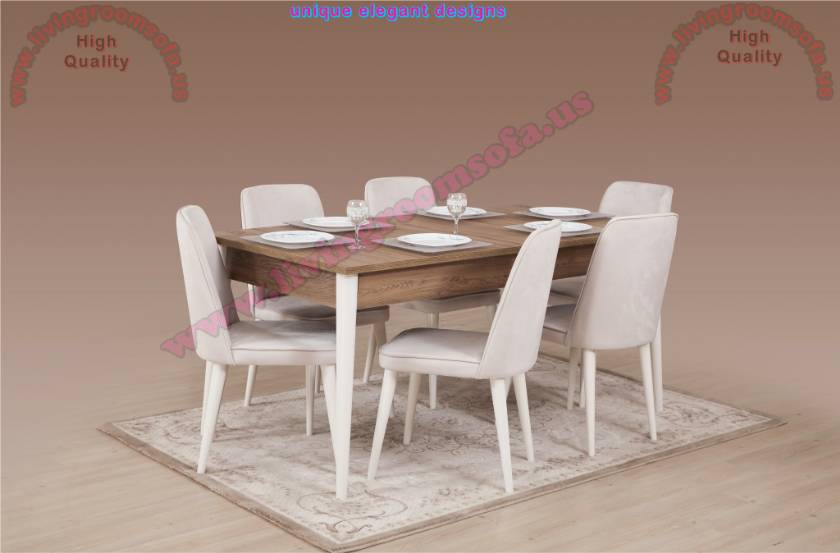 Modern Brown Dining Room Table and White Dining Chairs