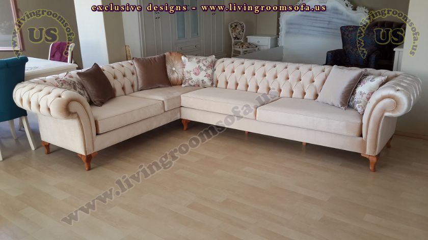 Beige Velvet Fabric Chesterfield Corner Group Sofa