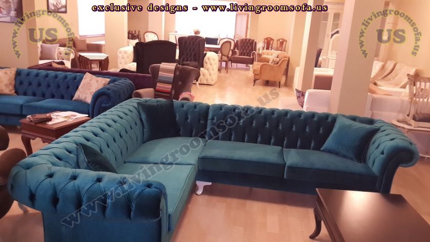 Blue Velvet Fabric Chesterfield Corner Group Sofas