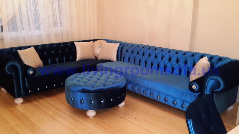 Navy Blue Velvet Chesterfield Sofa Large L Shaped