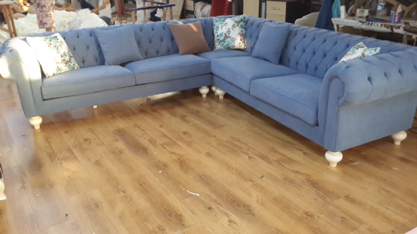 Sky blue chesterfield corner sofa for living room