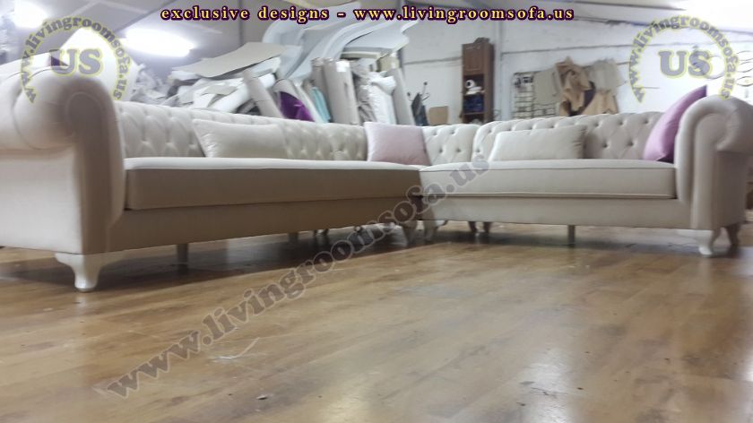 White Ice Velvet L shaped chesterfield new design