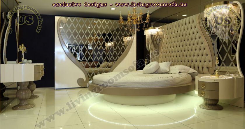 avantgarde bedroom design idea, rounded bed shiny