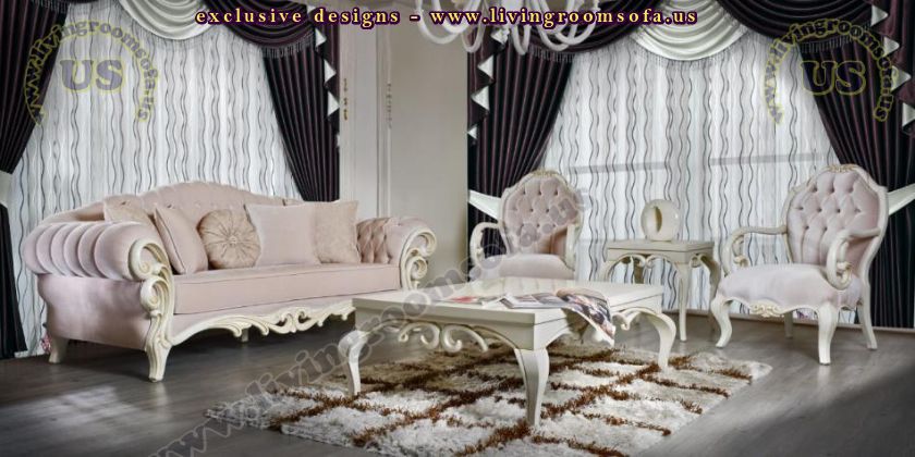 avantgarde sofa set pink and white carved design