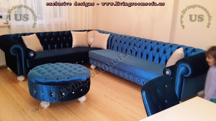 Navy Blue Velvet Chesterfield Sofa Large L Shaped - interior design