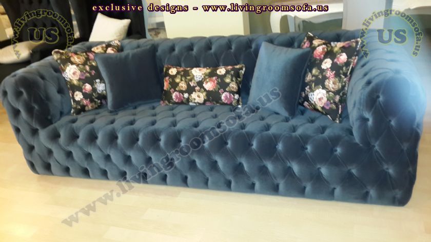 dark blue full quilted chesterfild sofa
