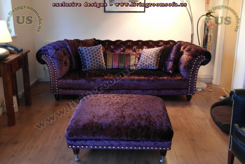 maroon chesterfield couch with ottoman
