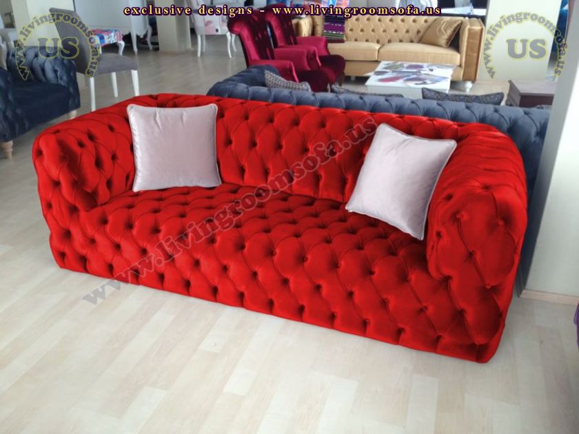 red velvet decorative chesterfield couch