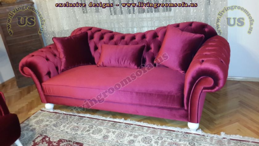 shiny maroon velvet chesterfield couches